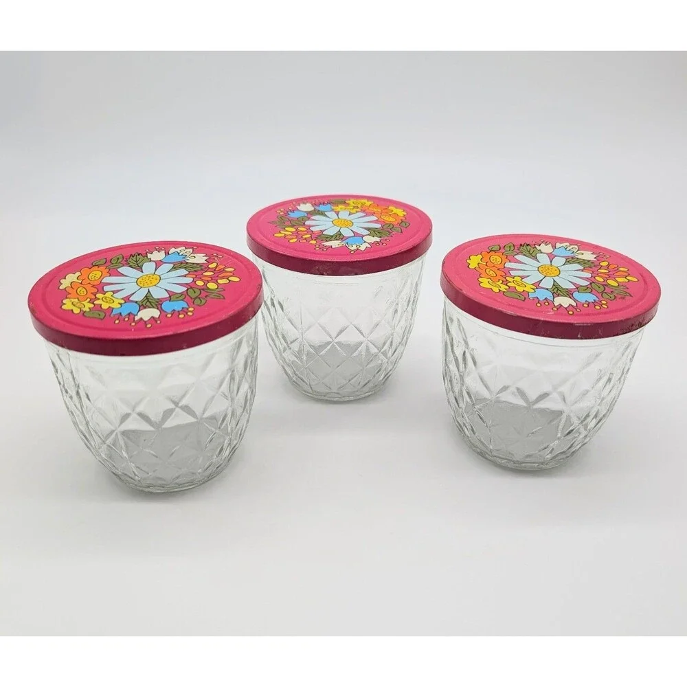 3 BALL Quilted Crystal Glass Jars W/Tin Snap-On Lid Pink Flower MOD Retro